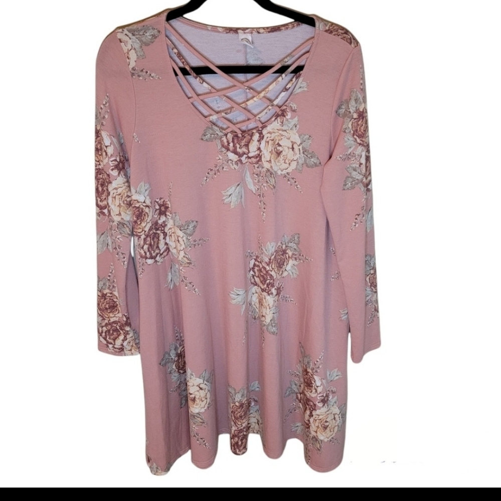 CY rose pink floral short sleeved dress with pockets. Criss-cross design.